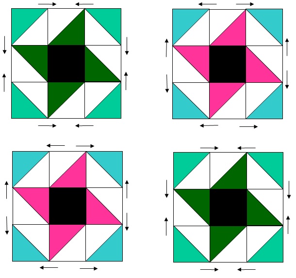 Four Friendship Star blocks showing pressing direction