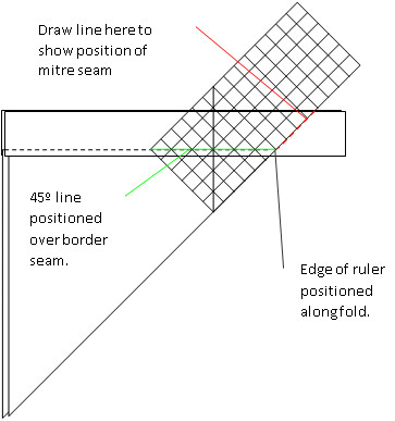 Quilters ruler positioned at 45 degree angle